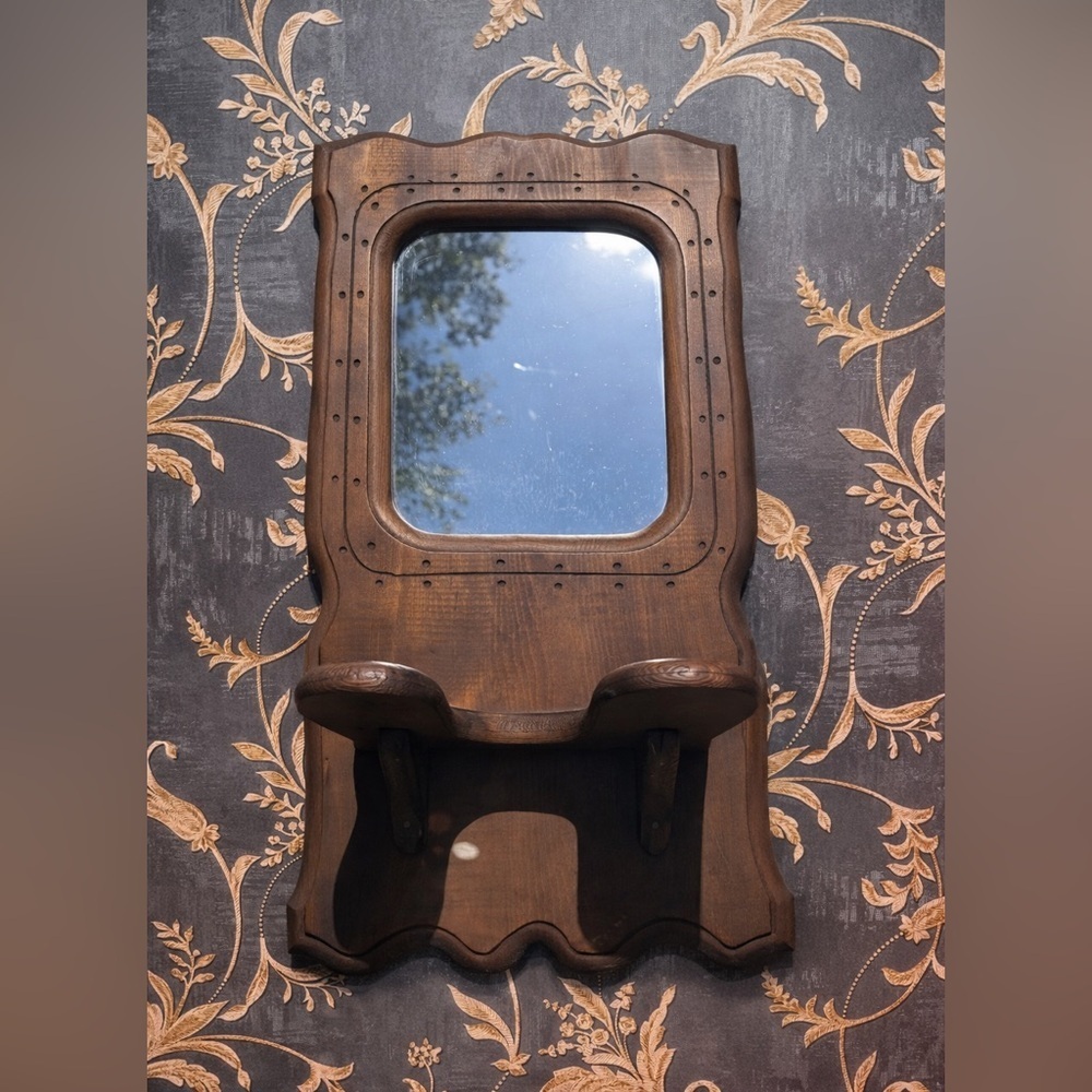 Victorian or Eastlake Style Wooden Mirror with Shelf for Oil Lamp